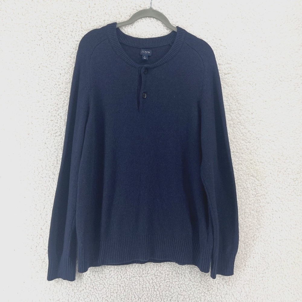 J.Crew Mens L Navy Blue Lambswool Blend Henley Sweater Pullover Knit Long Sleeve